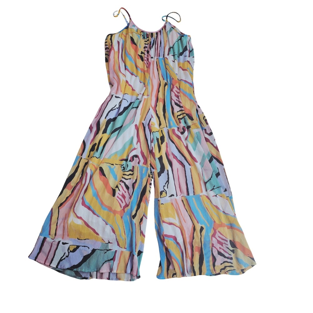 The Sang Jumpsuit Multicolor Abstract Sleeveless Tiered Wide Leg Boho Small‎